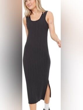 aerie Ribbed Scoop Midi Dress - charcoal/ black